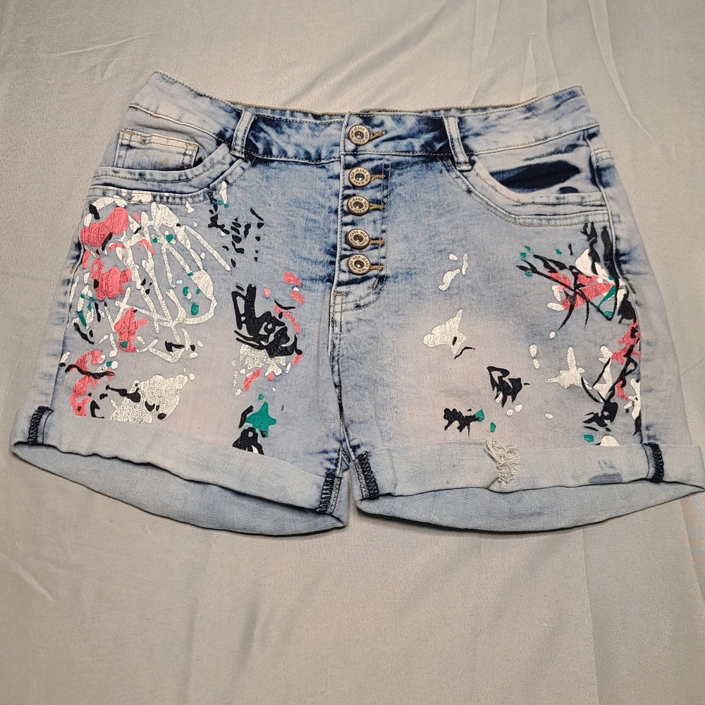 Misslook Denim Shorts Women Small Light Blue Paint Splatter Button Fly Graphic